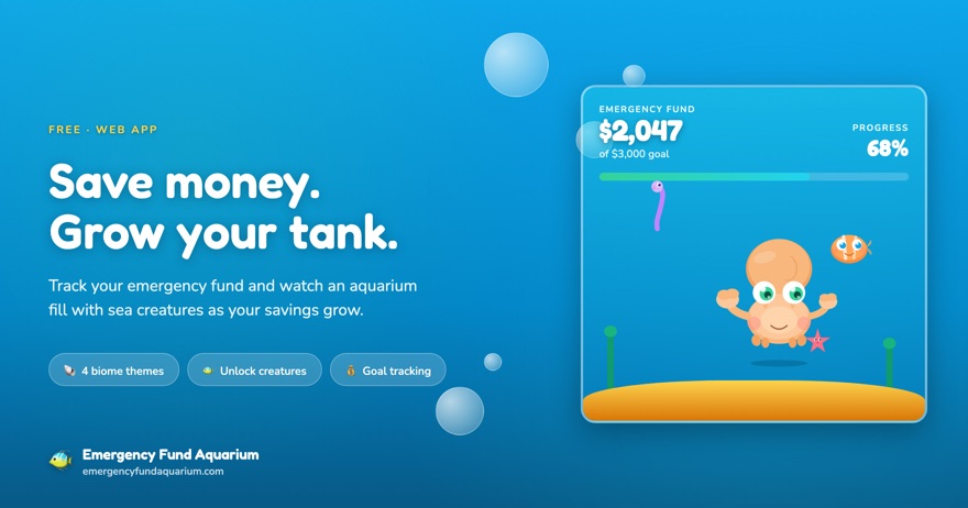 Emergency Fund Aquarium: save money, grow your tank. Emergency fund progress bar with sea creatures in an aquarium.
