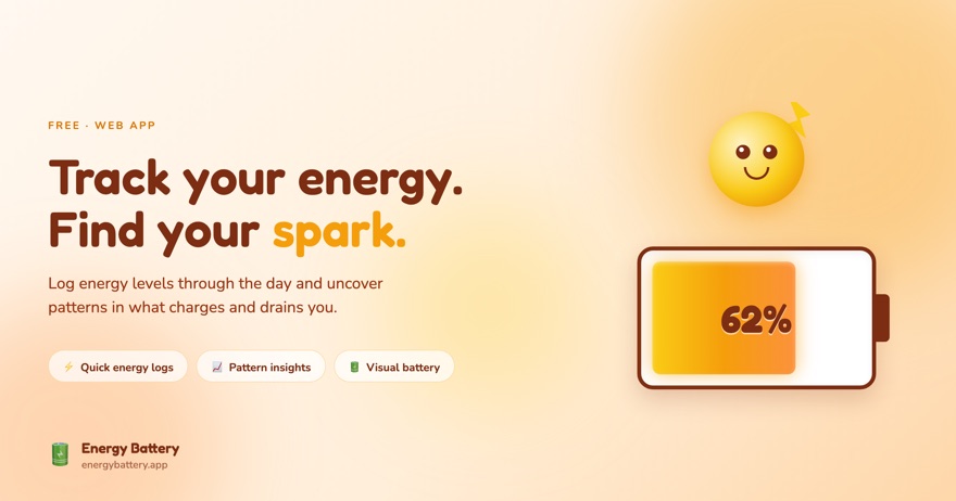 Energy Battery: track your energy, find your spark. A battery meter showing 62 percent charge.