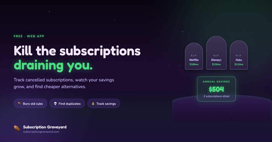 Subscription Graveyard: kill the subscriptions draining you. Tombstones for cancelled subscriptions and an annual savings total.